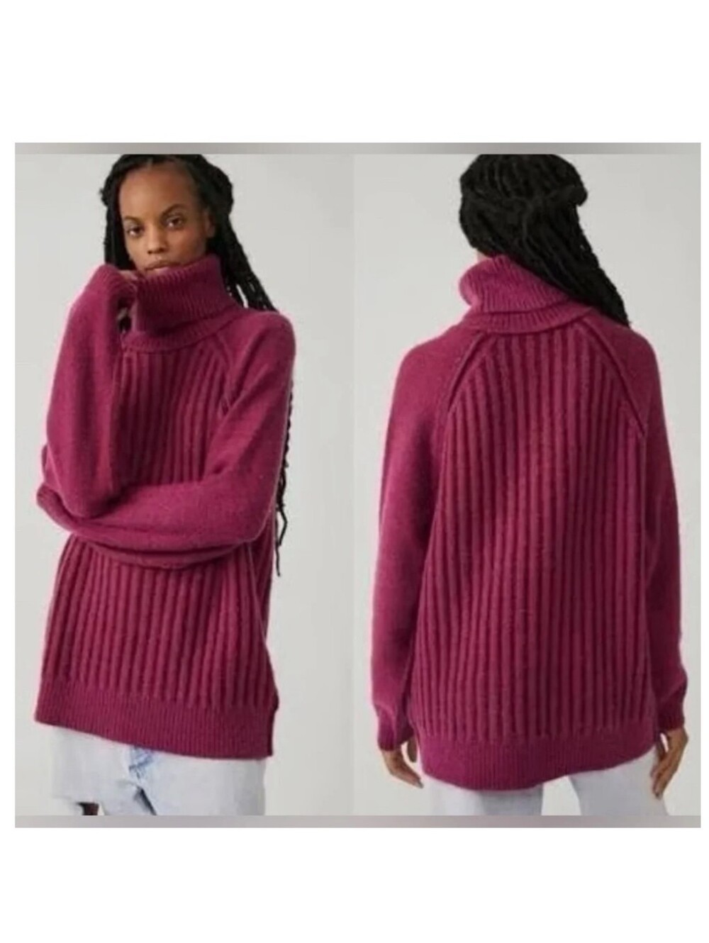 Free People Ribbed Cowl Turtleneck Sweater - Raspberry Plum